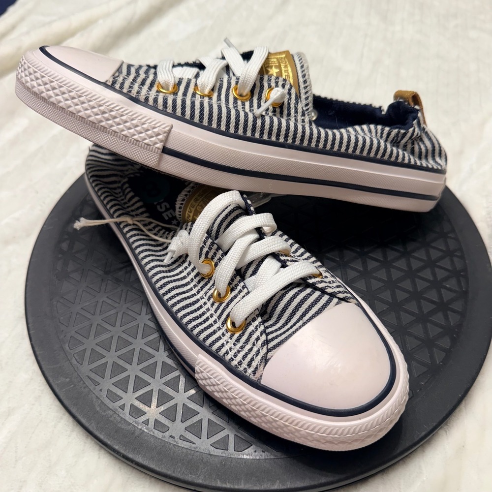 NEW Converse All Star Women's 8 Shoreline Navy White Striped Gold Sneakers